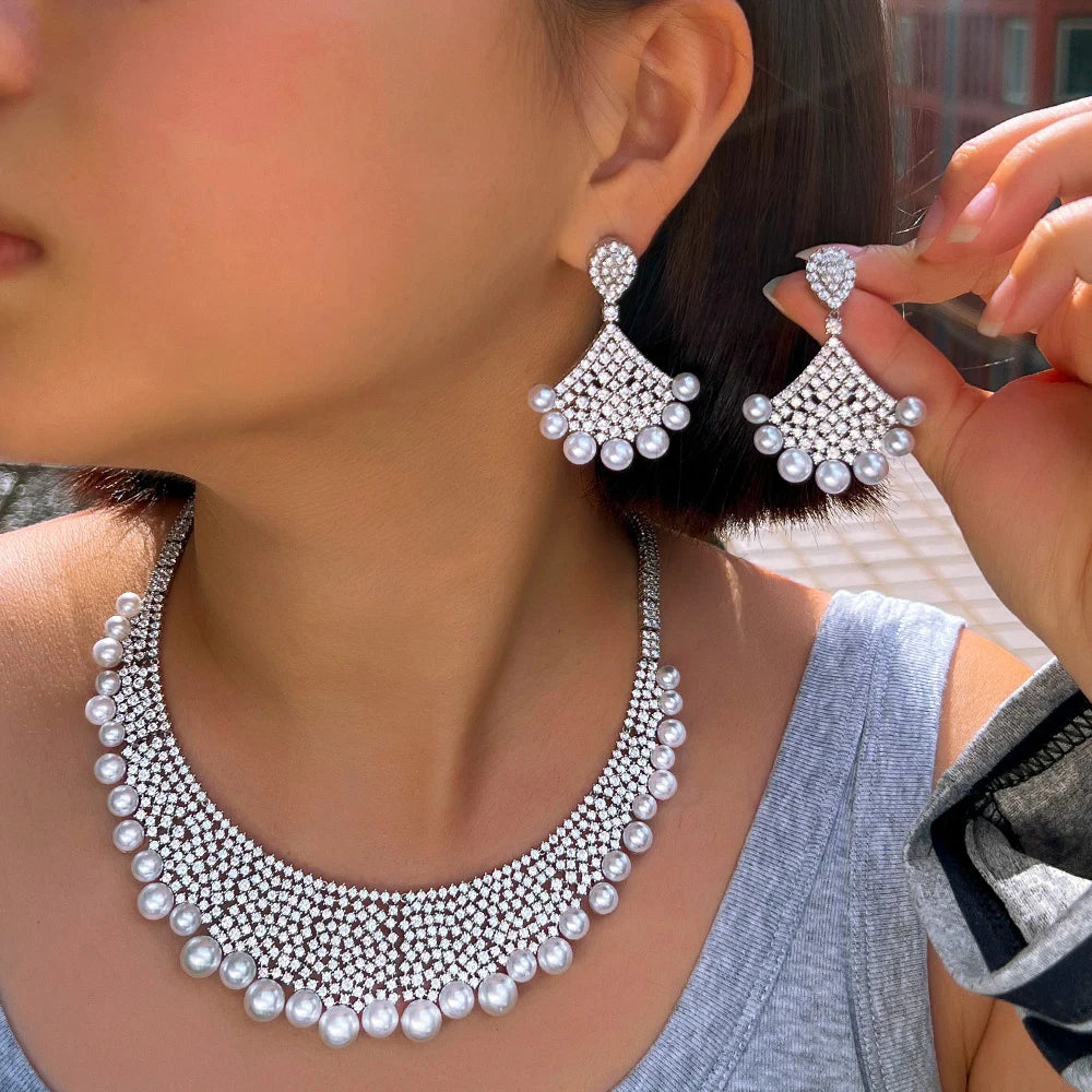 Luxury Handmade Cubic Zirconia Pave Chunky Jewelry Sets for Women Wedding Bridal Pearl Necklace