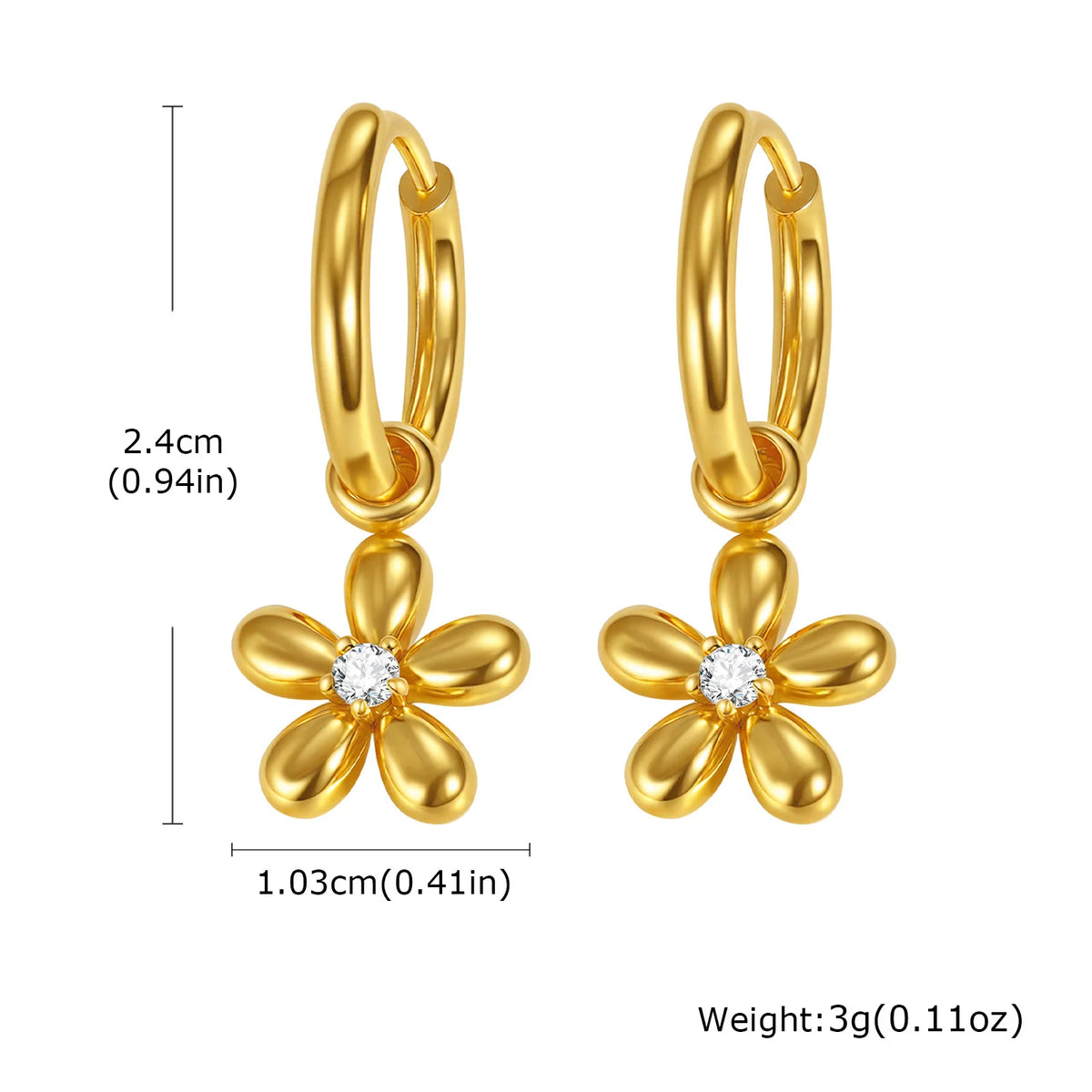 Gold flower charm hoop earrings with clear stone centers and size measurements.