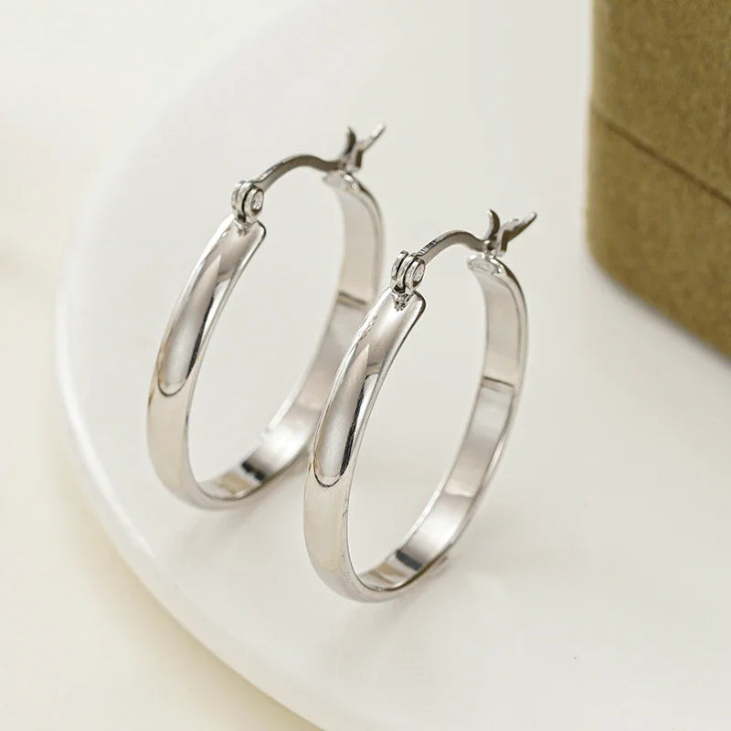 Silver-tone stainless steel hoop earrings, hinged round hoops on display stand