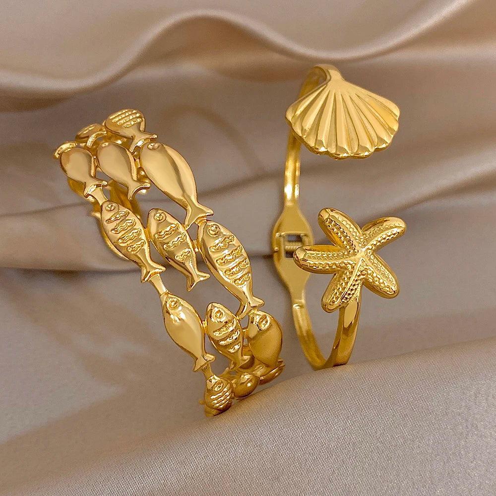 Chic Geometric Fish Shell Starfish Wide Bracelet for Women Glossy Gold Plated Stainless Steel Cuff Bangles Waterproof Jewelry Se
