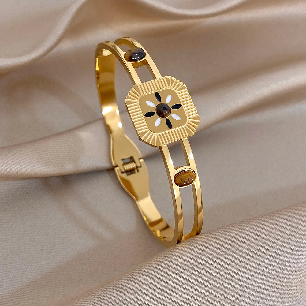 Vintage Natural Stone Geometric Mesh Bracelet for Women Geometric Gold Plated Stainless Steel Cuff Bangles Waterproof Jewelry