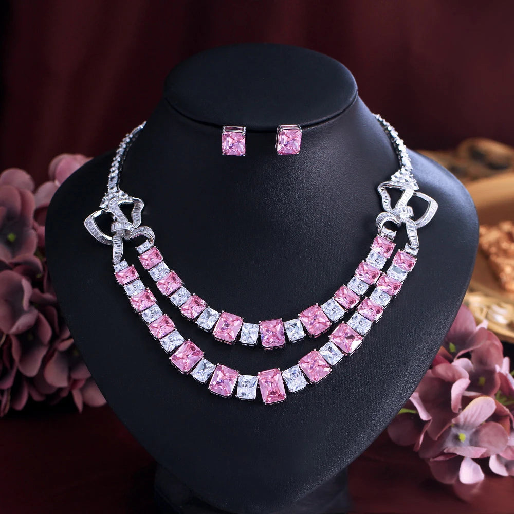Two-layer pink cubic zirconia necklace and square stud earrings set