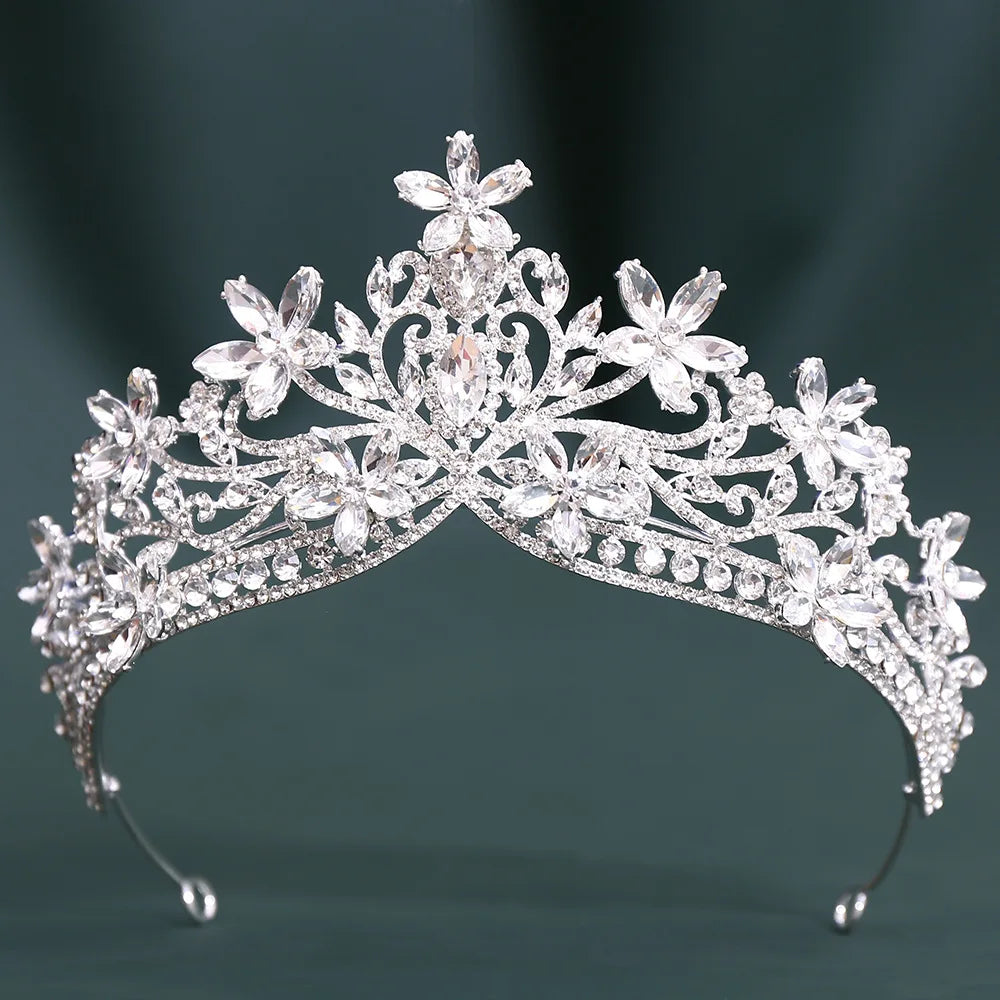 Baroque Crystal Flower Blue Opal Tiaras For Women Party Luxury Bride Diadem Rhinestone Crown Hair Accessories Jewelry