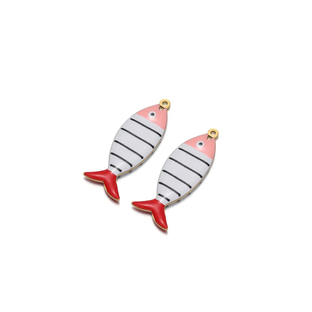 Enamel striped fish pendant charm, red and white body with gold loop