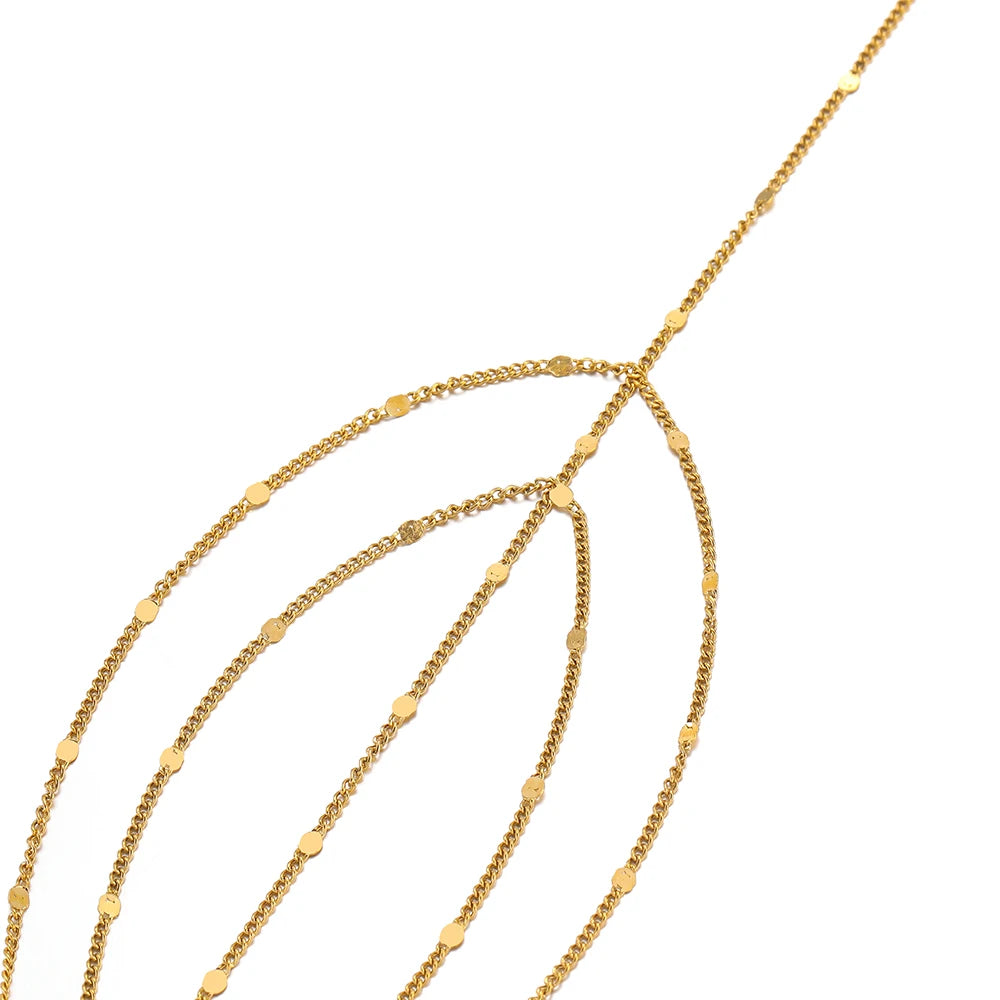 Gold textured flat oval chain strands, fine mesh links in a loose curve