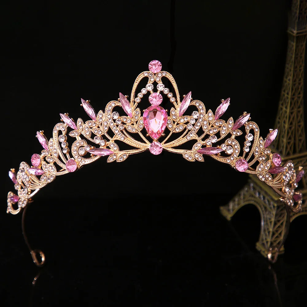 Princess tiara headpiece, pink crystal crown with gold-tone filigree details