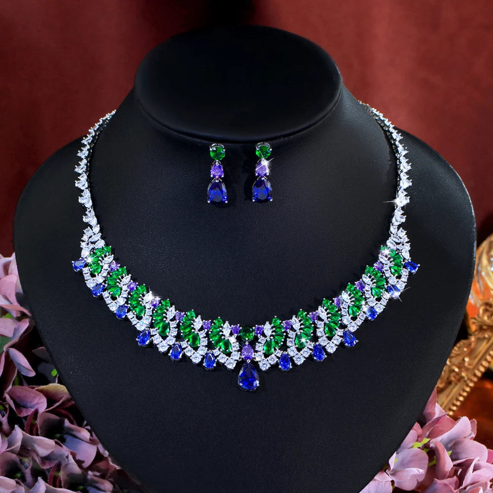 Zircon necklace and matching earrings with green, purple, blue and clear stones