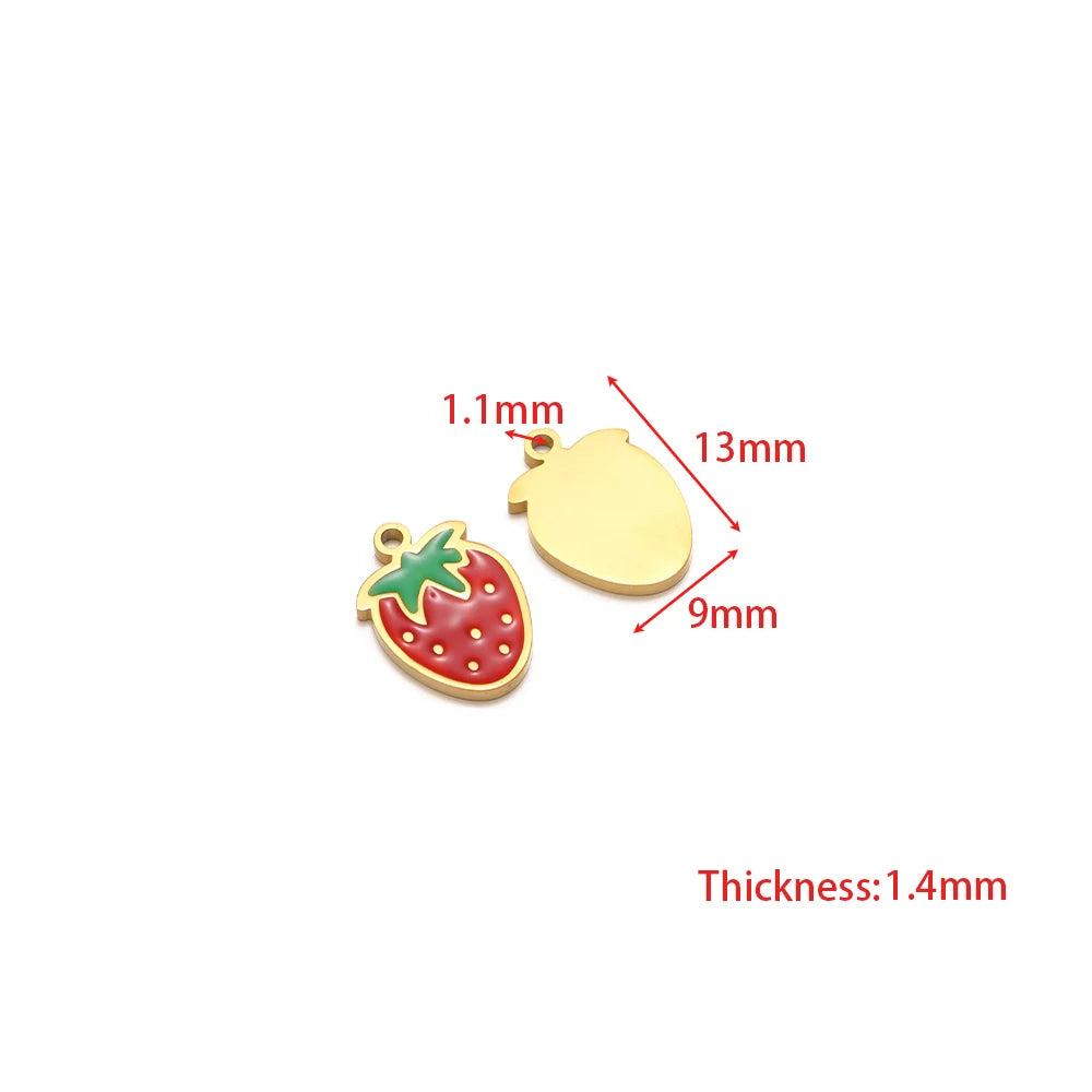 Strawberry and yellow mushroom enamel charms with gold-tone loops, stainless steel
