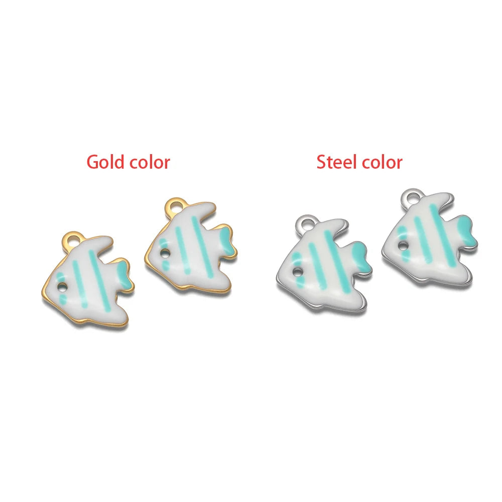 Blue striped fish enamel charms in gold and steel metal colors, two matching pieces