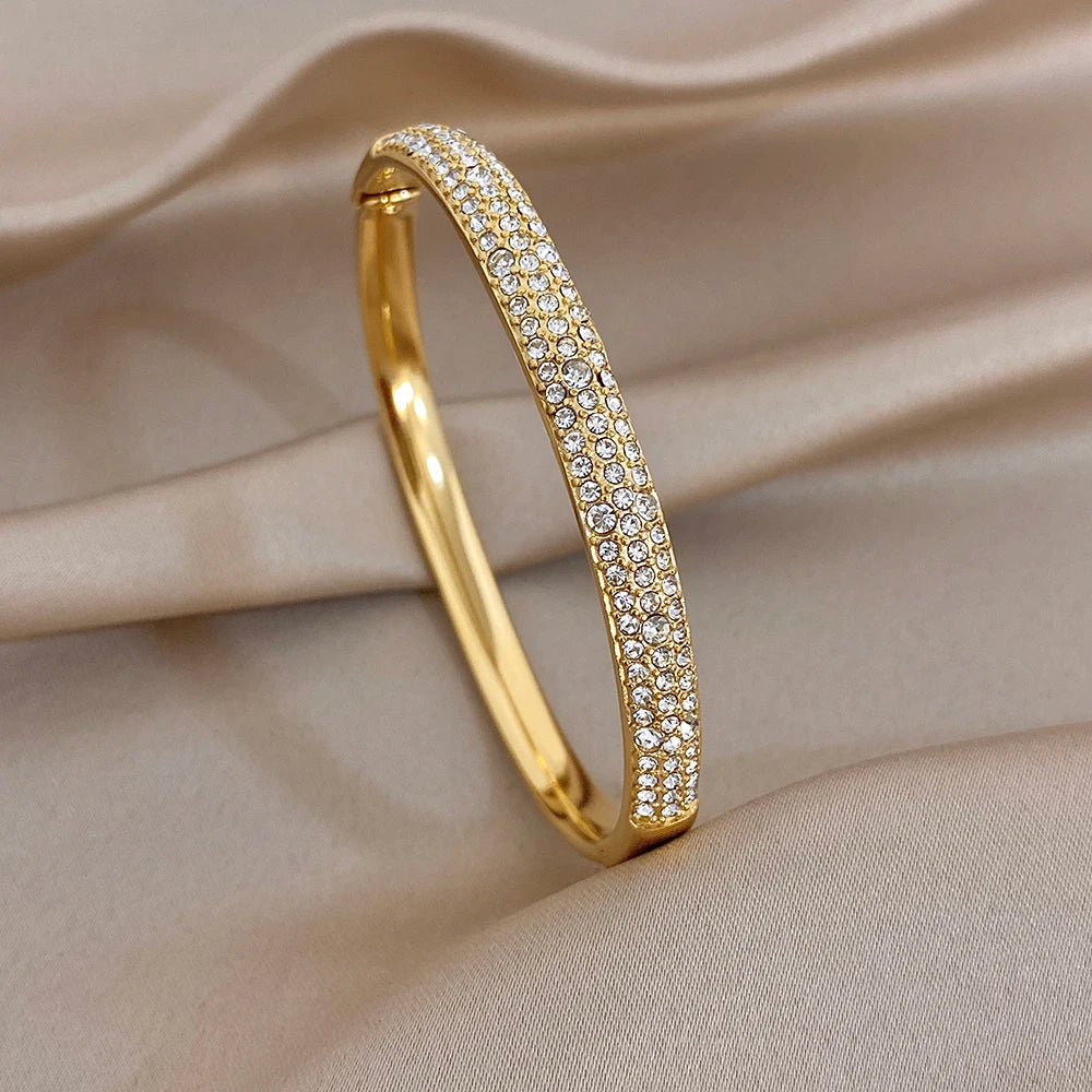Vintage Gold Plated Stainless Steel Cuff Bangle for Women Men Glossy Geometric Zircon Wide Bracelets Waterproof Jewelry