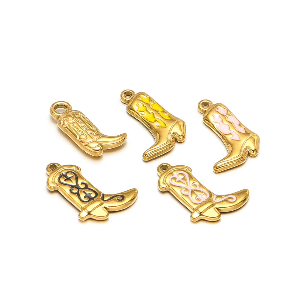 Gold-tone cowboy boot charm pendants with enamel, four pieces with loop bails