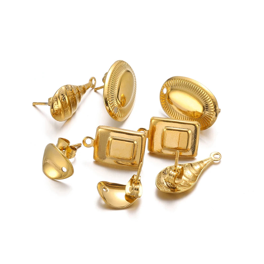 Gold oval and square stud earring findings with back posts and loops for DIY jewelry