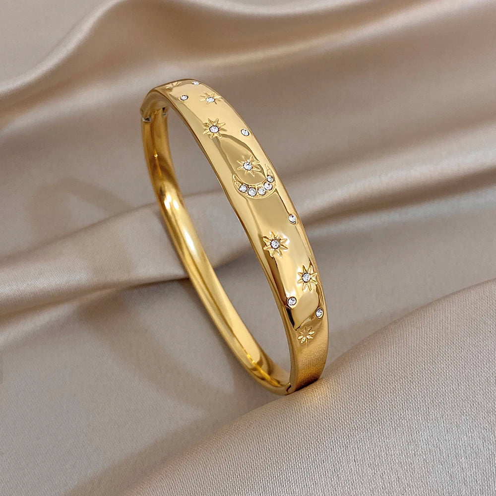 Delicate Zircon Flower Cuff Bangle Bracelets for Women Glossy Gold Plated Stainless Steel Wristband Bracelet Waterproof Jewelry