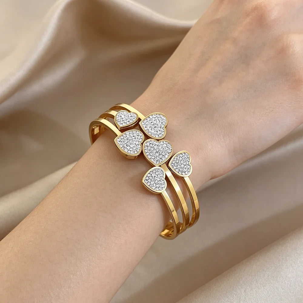 Irregular Zircon Heart Cuff Bangle Bracelets for Women Delicate Gold Plated Stainless Steel Chunky Bracelets Waterproof Jewelry