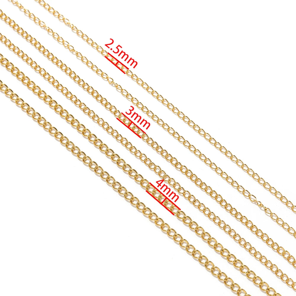 Gold chain extension strands with visible link sizes: 2.5mm, 3mm, 4mm