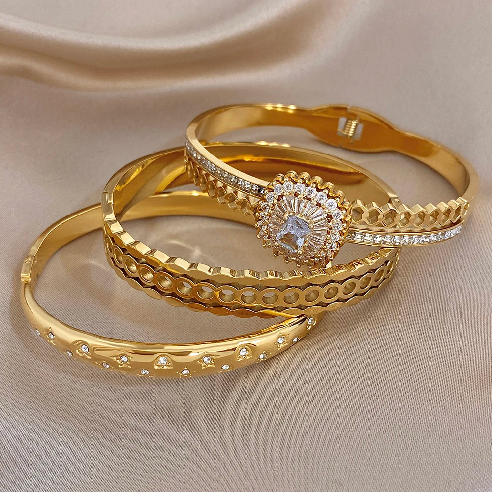 Glossy Gold Plated Cuff Bangle Bracelets for Women Exaggerated Zircon Geometric Stackable Wide Bracelet Waterproof Jewelry