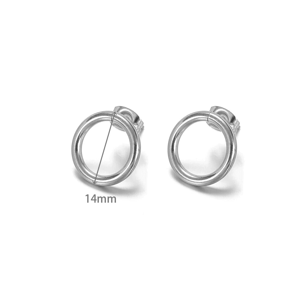 Silver round hollow stud earrings, 14mm circular hoops with stud posts