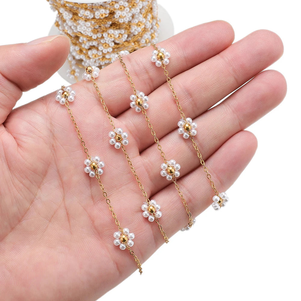 Gold-tone stainless steel daisy flower beaded satellite chain with pearl white beads