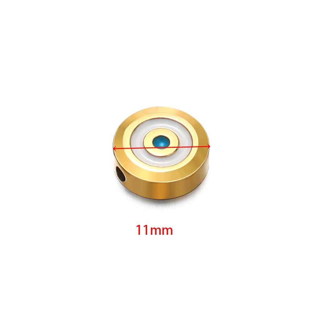 Gold-tone round evil-eye enamel bead with blue center; 11mm shown