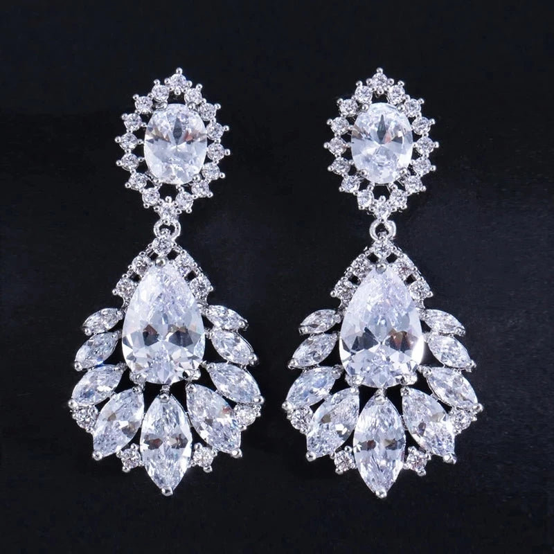 Clear cubic zirconia chandelier drop earrings with oval and pear-cut stones