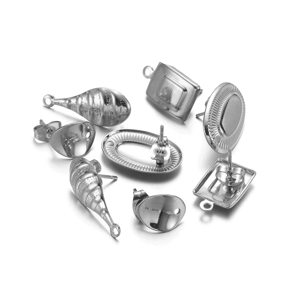 Silver stainless stud earring findings assortment with oval, square, and cone shapes