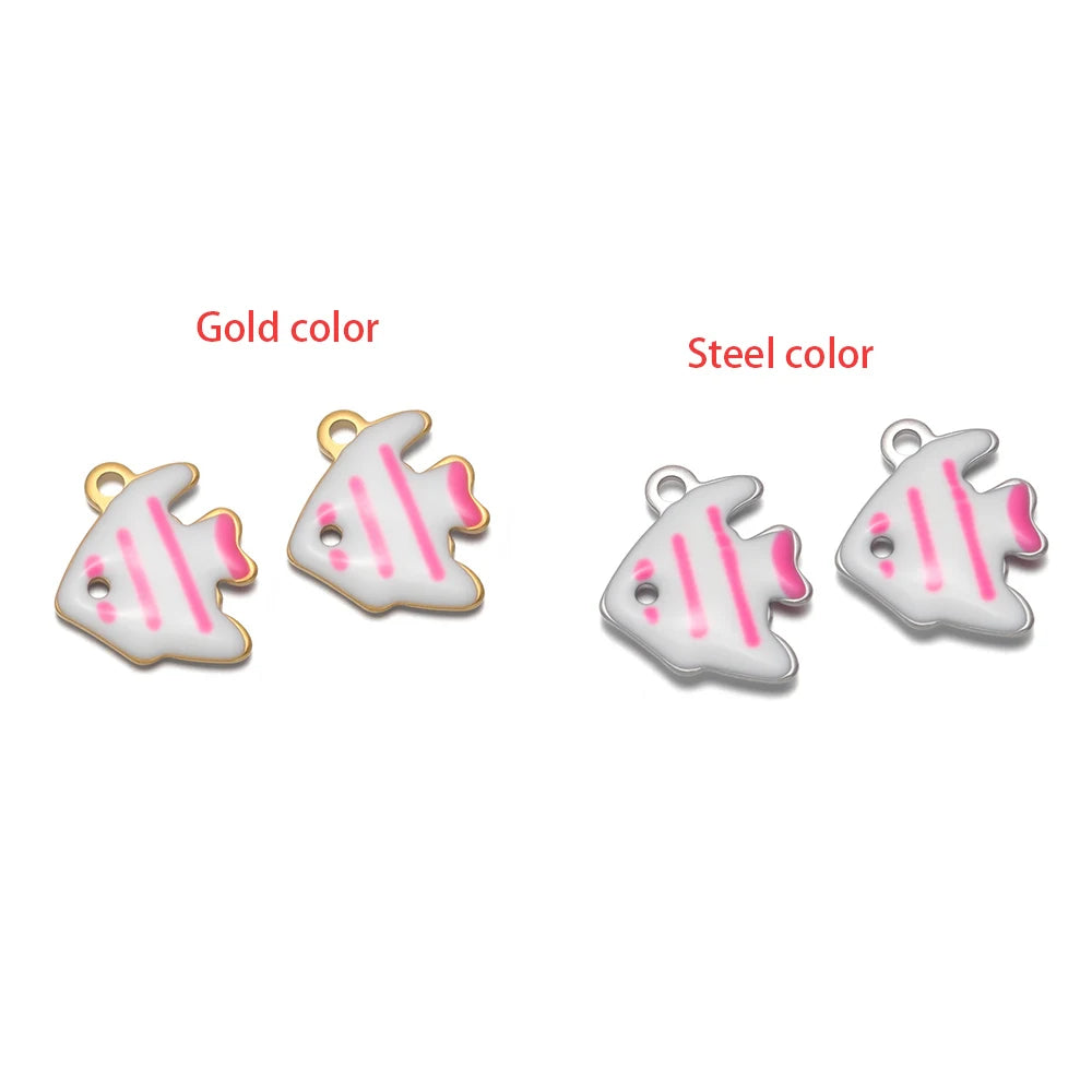 Pink striped shark-like enamel charms in gold and steel metal colors, two styles