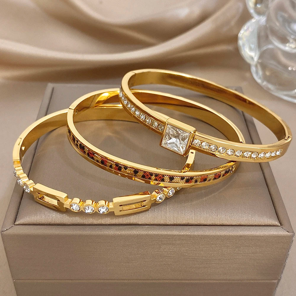 Trendy Gold Plated Stainless Steel Cuff Bangle Bracelets for Women Shiny Geometric Zircon Stackable Bracelet Waterproof Jewelry