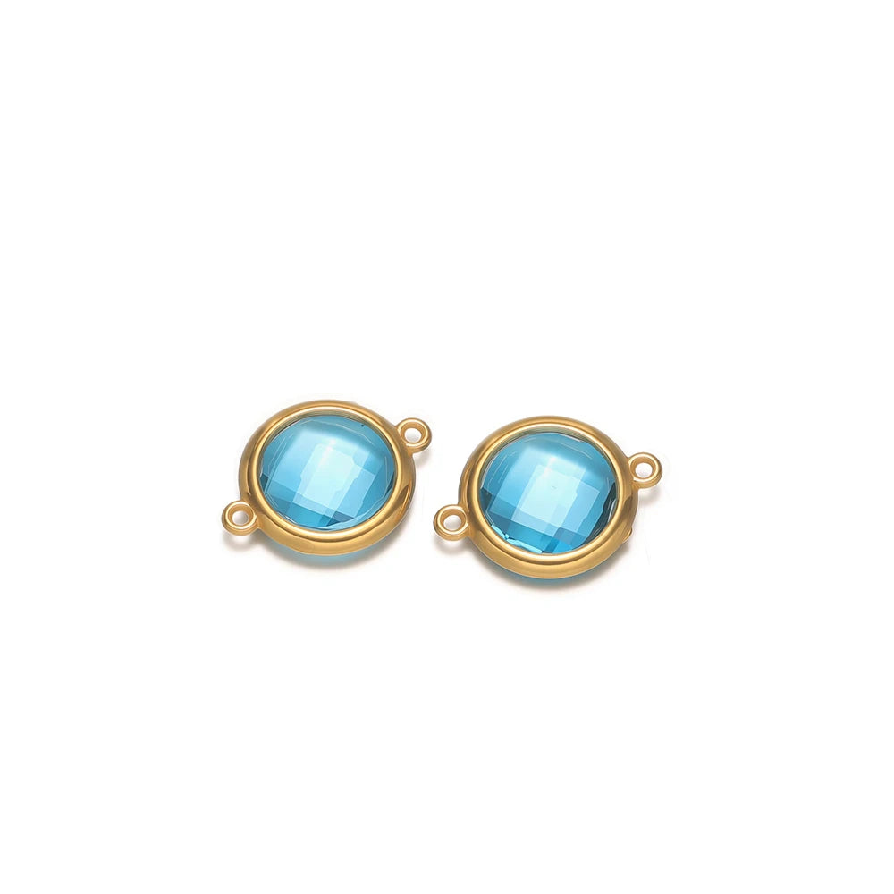 Round blue faceted glass charm pendants with gold-tone frames and loop hooks