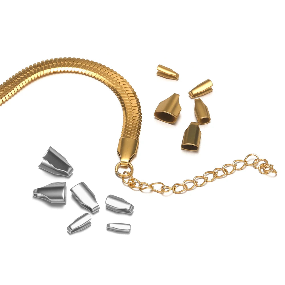 Gold snake chain with matching crimp end caps and silver caps for DIY bracelets
