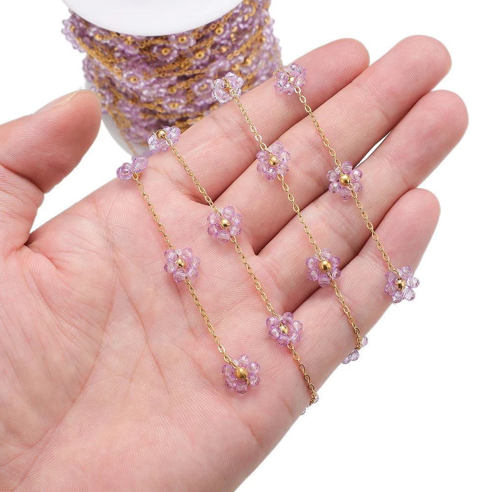 Gold-tone stainless steel daisy flower beaded satellite chain with light purple beads