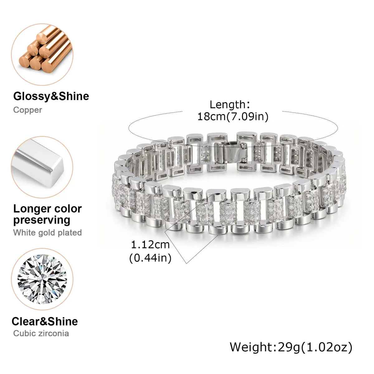 Silver-tone cubic zirconia tennis bracelet with square-set rectangular link stones
