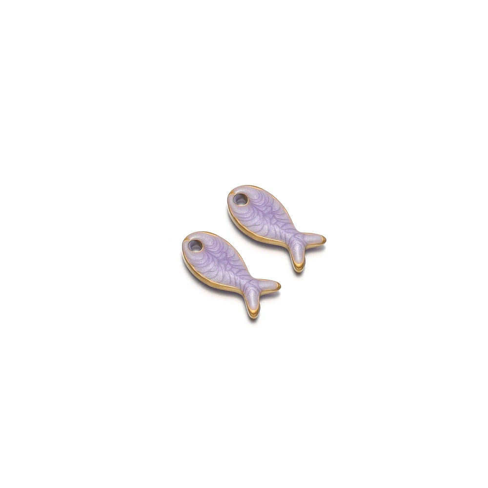 Pair of purple double-sided fish charms with round hanging holes