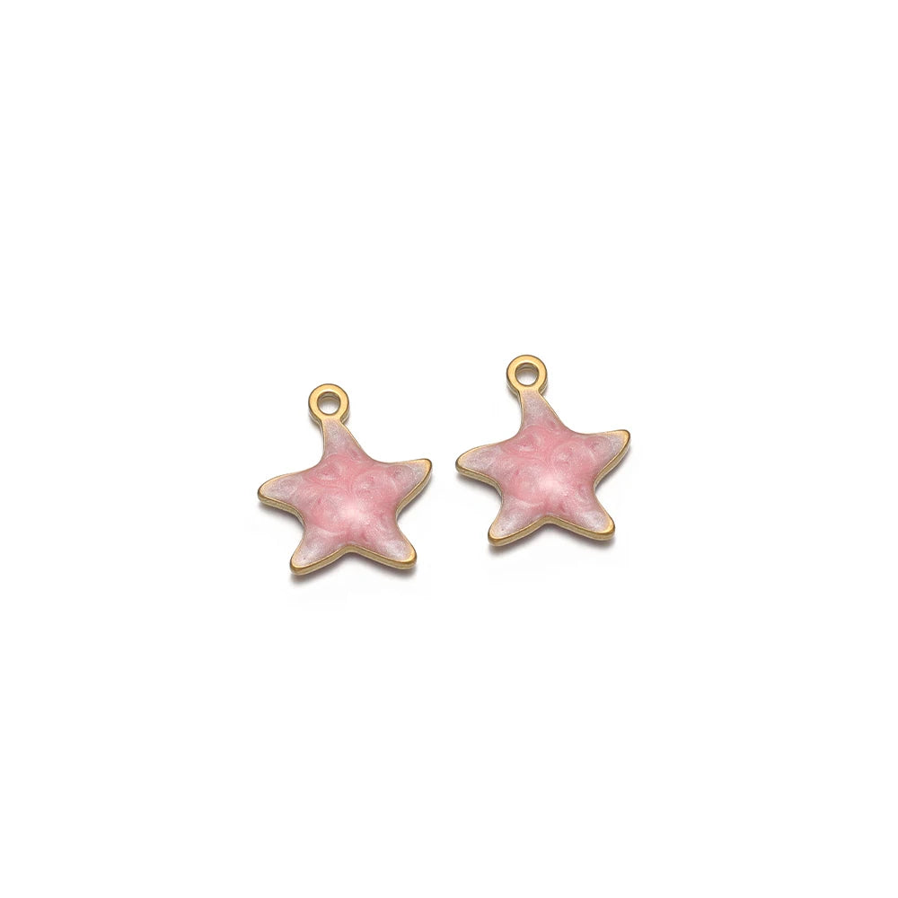 Pink star enamel charm with gold-tone loop, pair