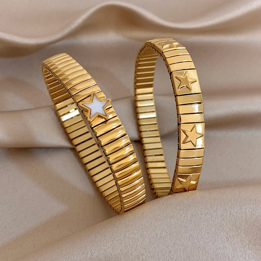 Fashion Star Textured Stainless Steel Bracelet for Women Men Adjustable Elastic Watchband Bangle Bracelets Waterproof Jewelry