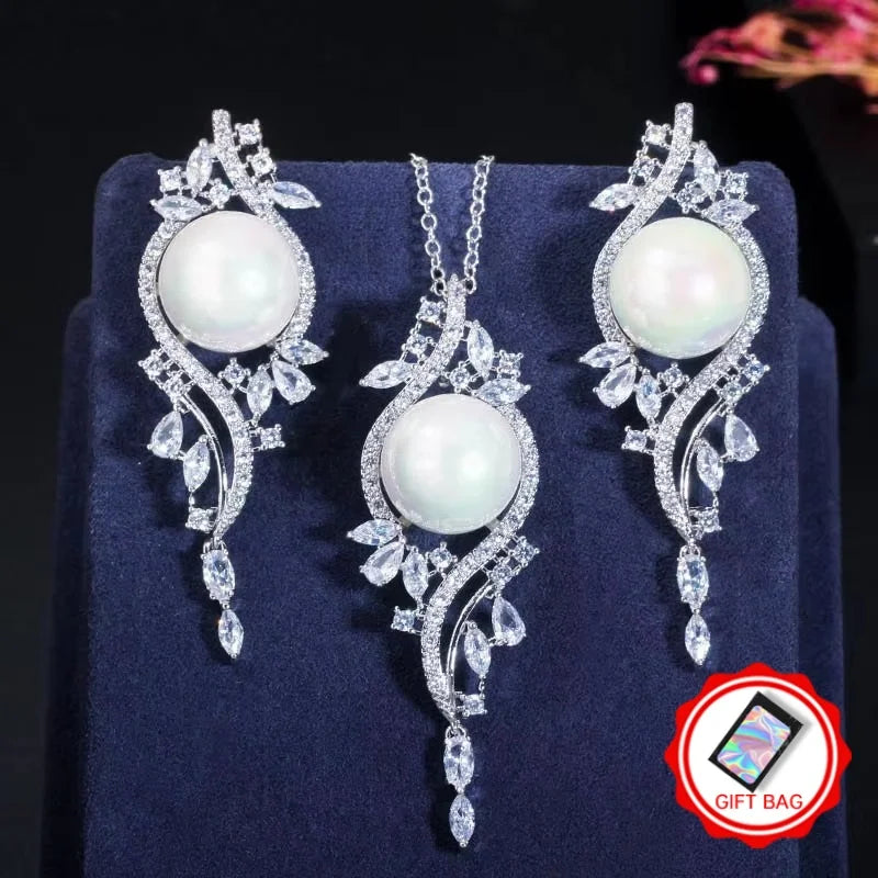 White imitation pearl jewelry set with clear zirconia leaves and gift bag offer