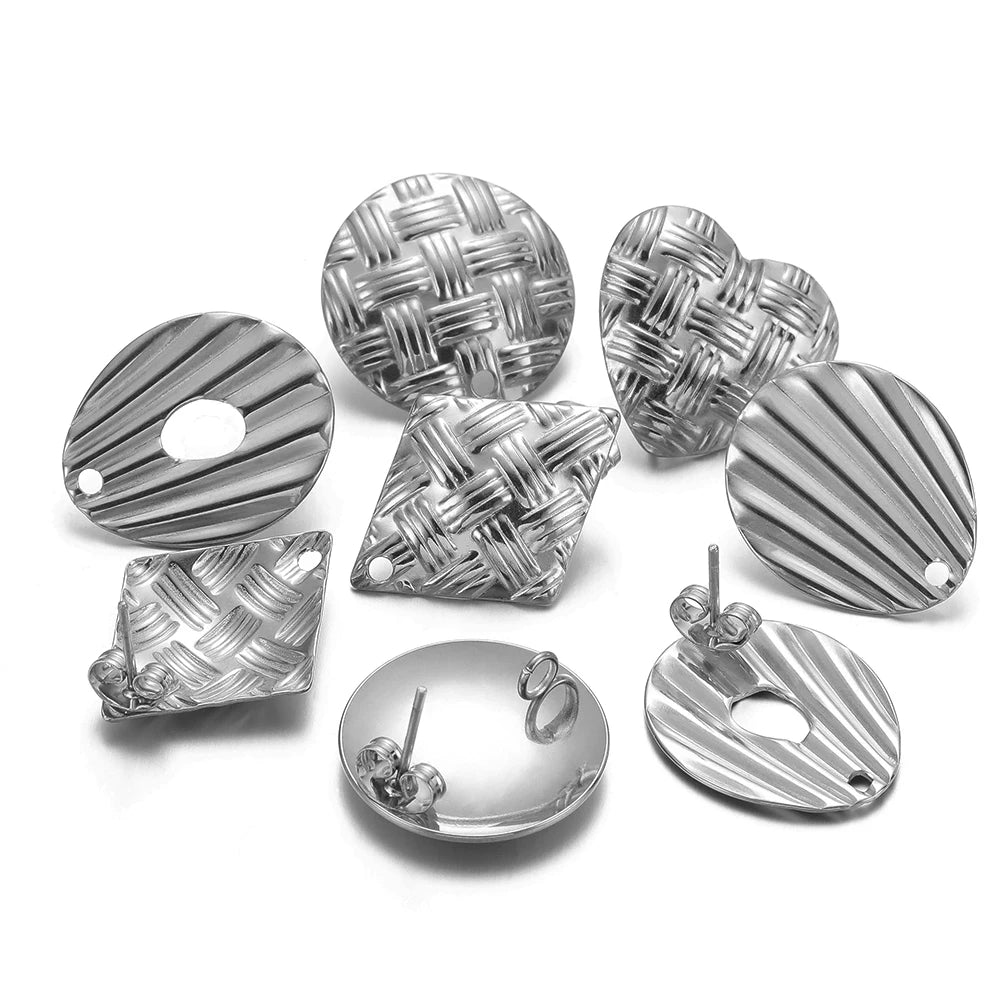 Silver-tone heart-shaped braid earring findings with woven and ribbed textures, with holes