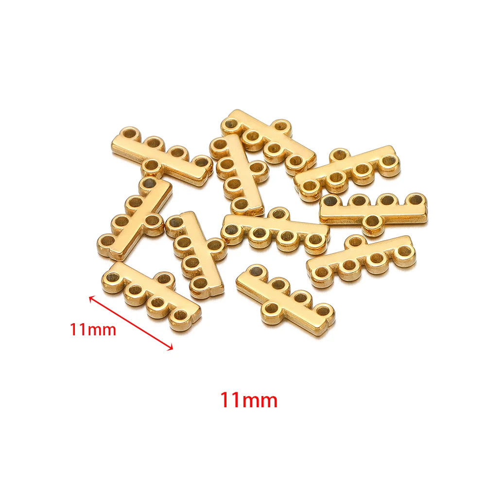 Gold-tone multilayer clasp bail connectors, T-shaped bar links with 4 holes, 11mm