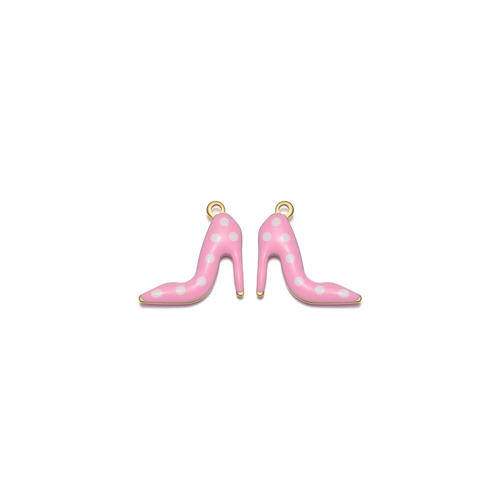 Pink enamel high-heel charm with white polka dots and gold loop bail