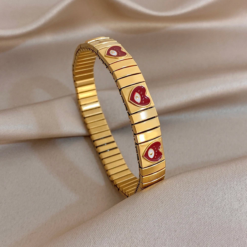 Chunky Gold Plated Stainless Steel Watch Band Bracelet Colorful Enamel Heart Evil Eye Elastic Bangle Bracelet Waterproof Jewelry