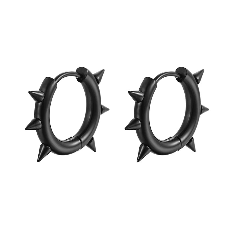 Black oval hoop earrings with small pointed studs around the outer edge