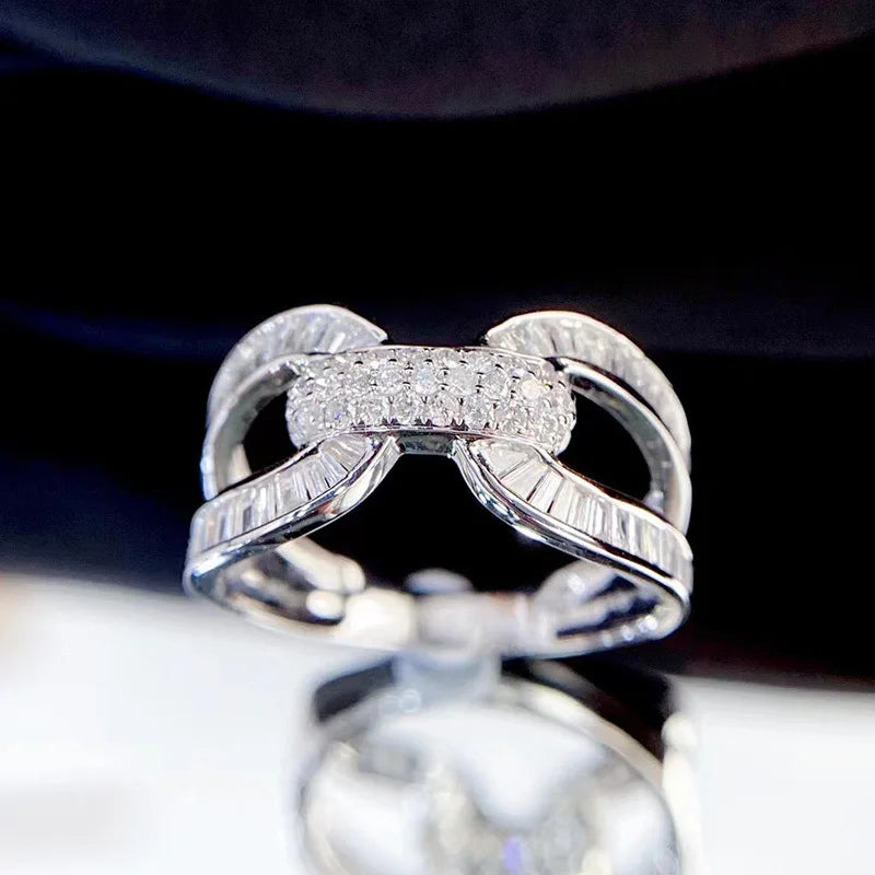Women's silver-tone wedding ring with pavé center and split crossover band