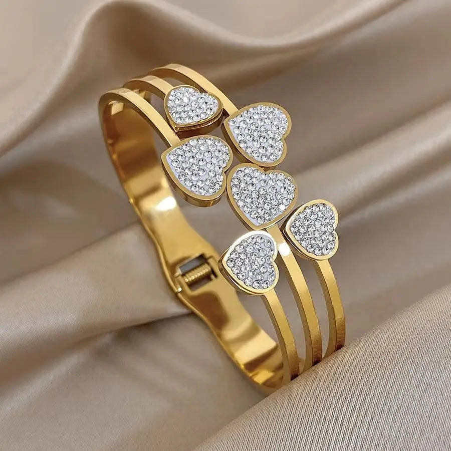 Irregular Zircon Heart Cuff Bangle Bracelets for Women Delicate Gold Plated Stainless Steel Chunky Bracelets Waterproof Jewelry