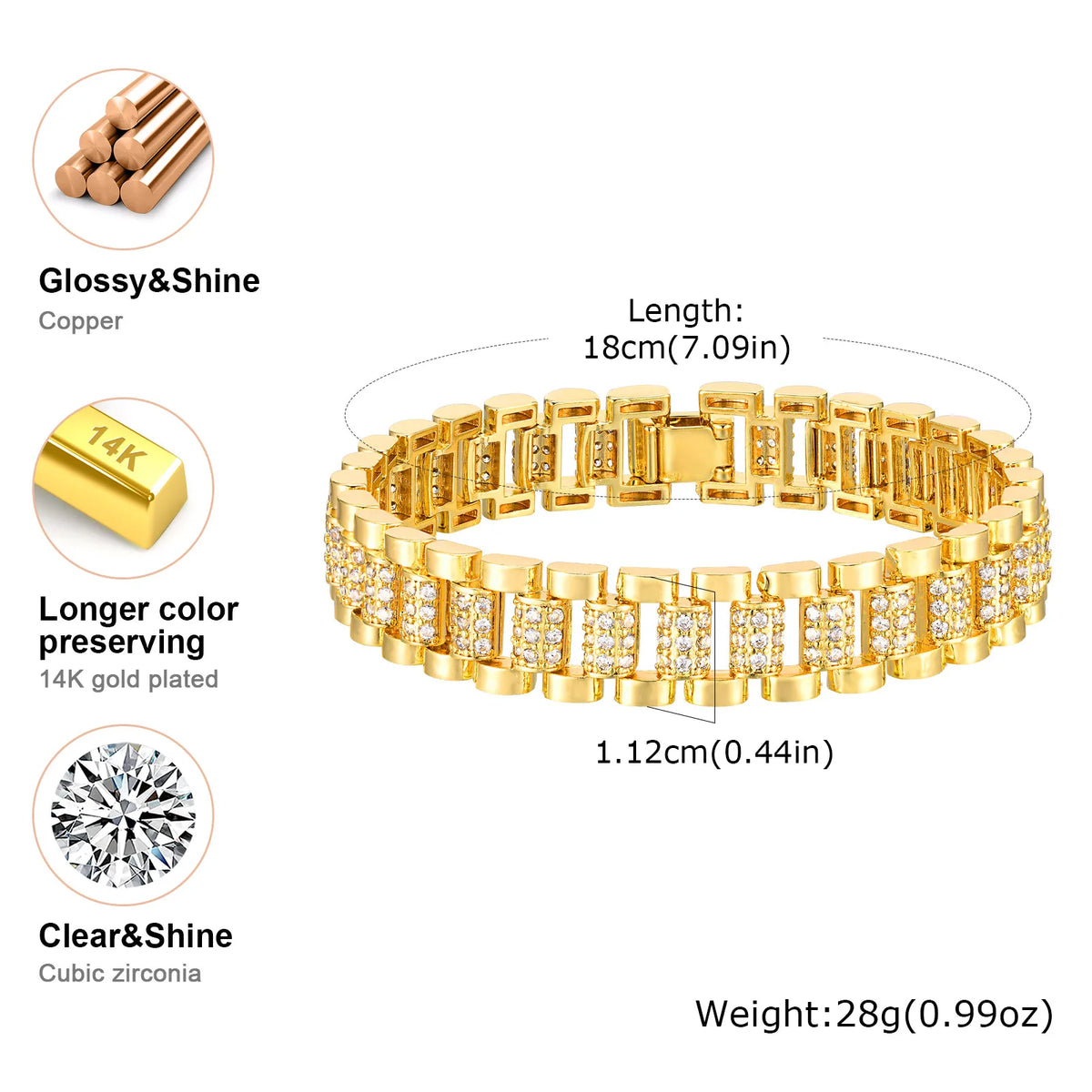 Gold-tone cubic zirconia tennis bracelet with rectangular link stones and sparkle