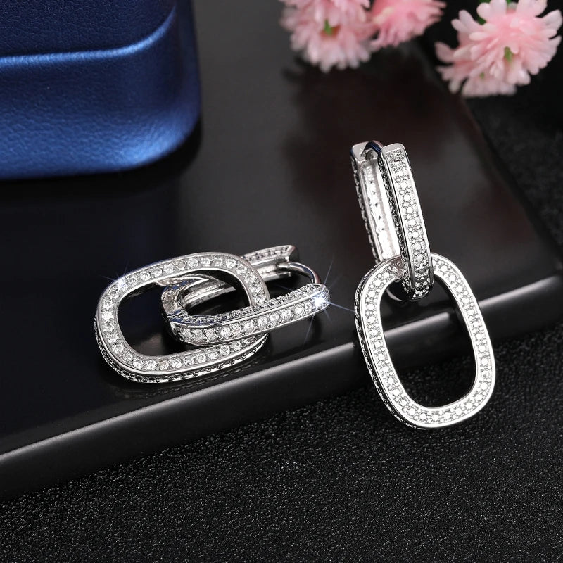 Fashion Geometric Oval Double Hoop Drop Earrings with Bright Zirconia Jewelry Gift