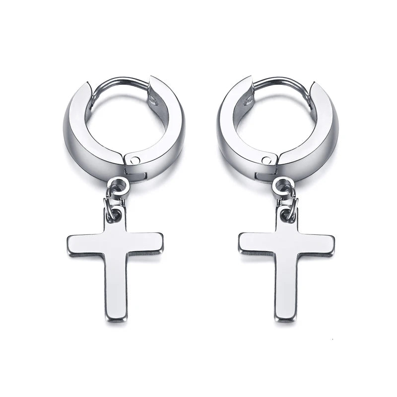 Silver-tone hinged hoop earrings with dangling cross charm