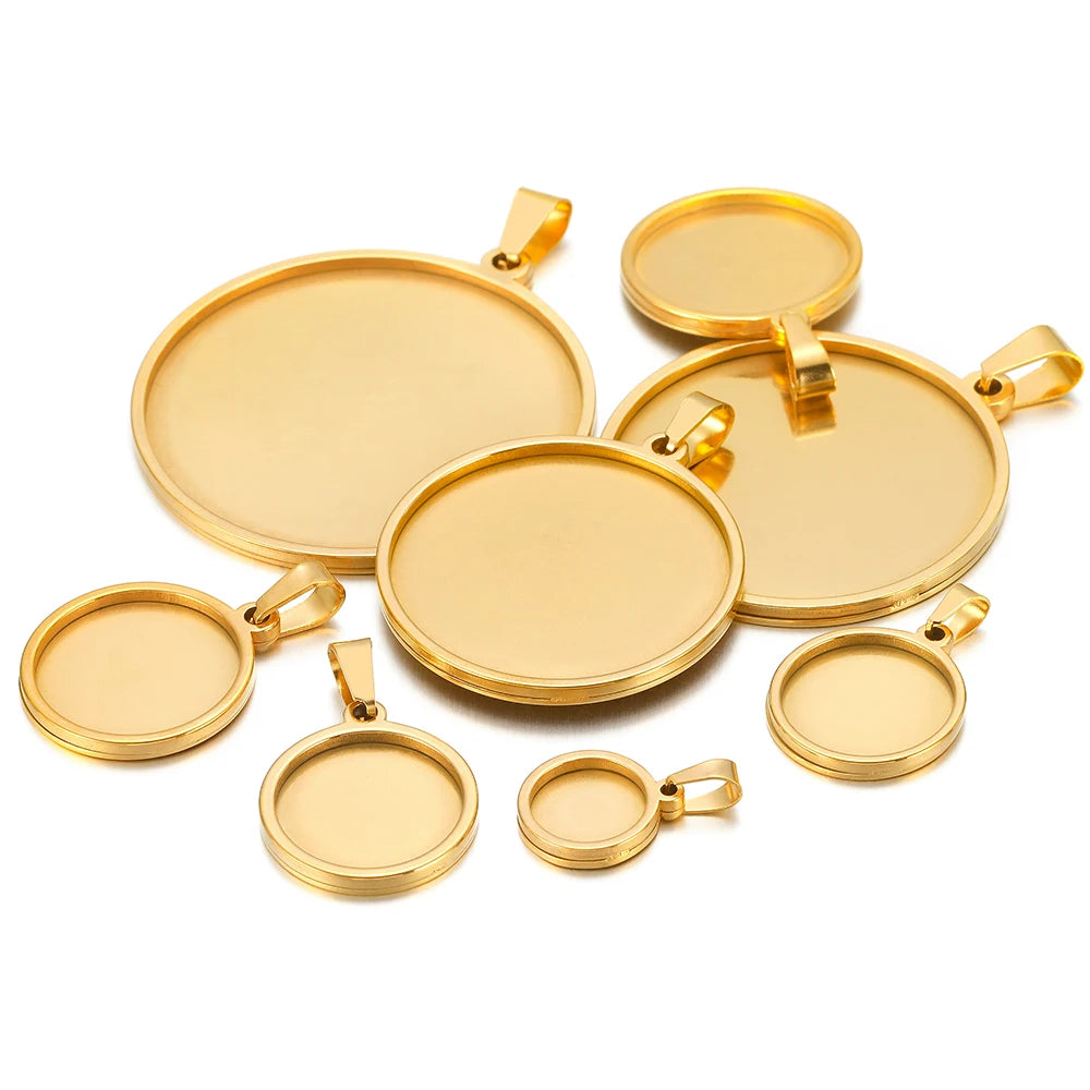 Gold-tone round cabochon blank bezel bases with attached clamp bails, DIY jewelry set