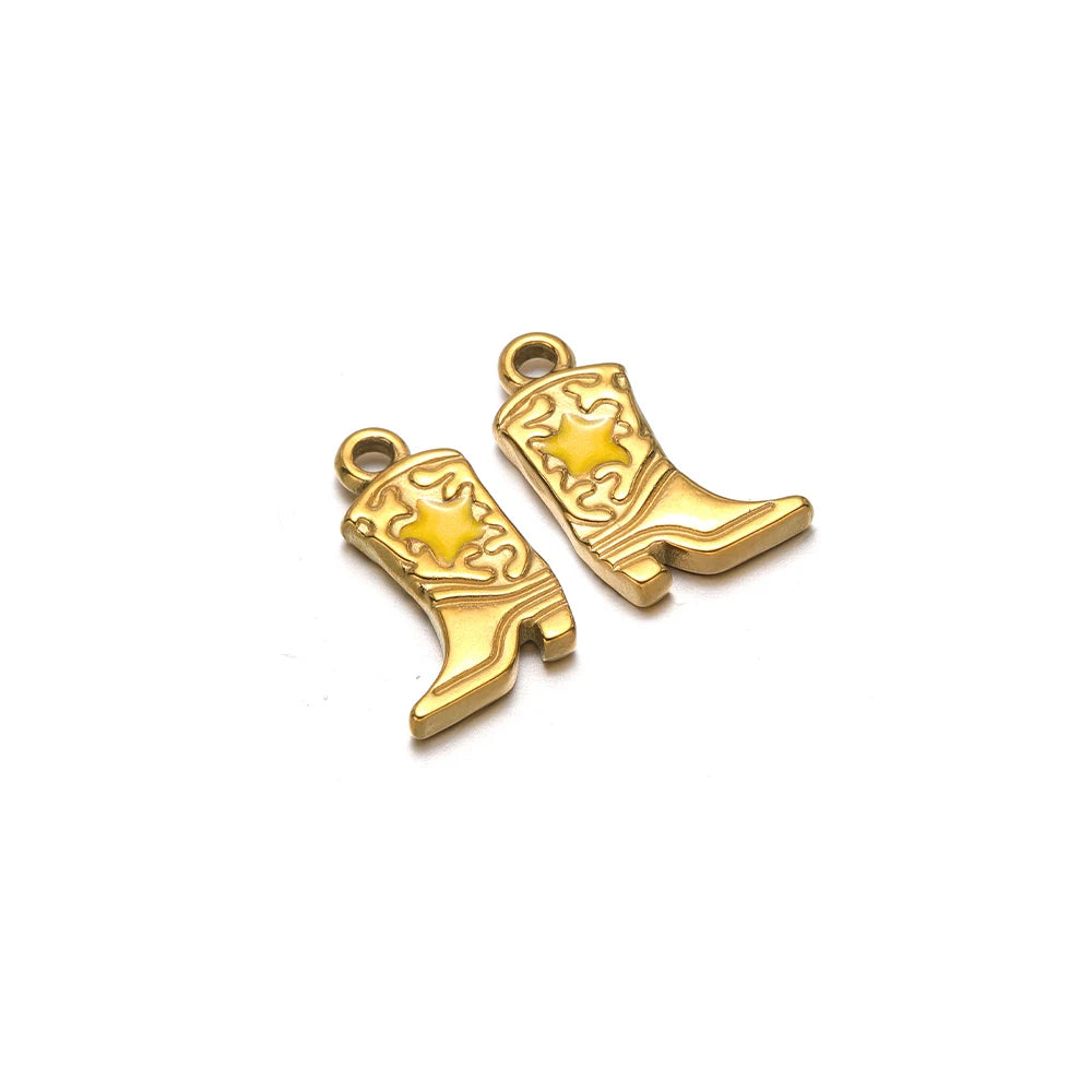Gold-tone cowboy boot charm set with purple star inlay, two charms