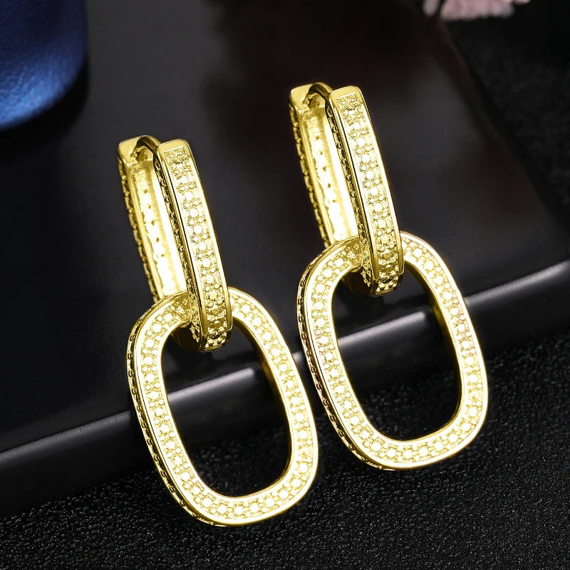 Fashion Geometric Oval Double Hoop Drop Earrings with Bright Zirconia Jewelry Gift