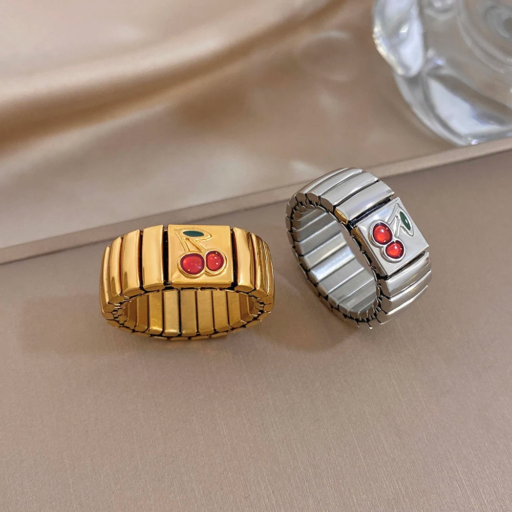Stainless steel cherry watchband finger rings, gold and silver with red cherry enamel