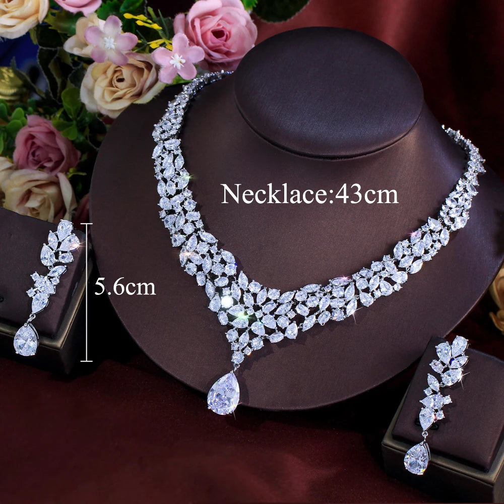 CZ bridal jewelry set with a V-shaped necklace, drop earrings, and size measurements